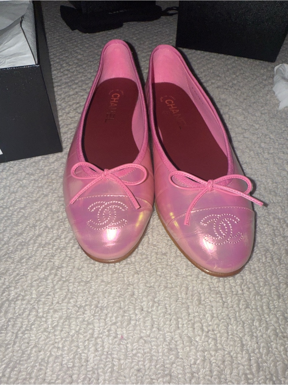 CHANEL Iridescent Pink Leather Ballet Flats with Bow